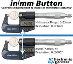 0-1" Range (0-25mm) Digital Micrometer with 6 Digit LCD Display, 0.001mm Resolution, Features mm/inch Conversion Button