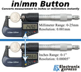 0-1" Range (0-25mm) Digital Micrometer with 6 Digit LCD Display, 0.001mm Resolution, Features mm/inch Conversion Button