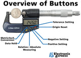 0-1" Range (0-25mm) Digital Micrometer with 6 Digit LCD Display, 0.001mm Resolution, Features mm/inch Conversion Button