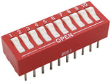 Rocker Style DIP Switch with 10 Switches, 20-Pin, SPST, Red Color, 27.4mm x 9.6mm x 7.9mm