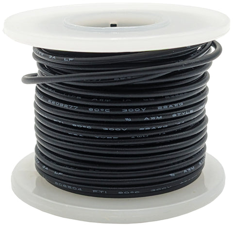 25 Feet Black 22 Gauge Solid Hook-Up Wire, Tinned Copper, PVC Insulation (Shade May Vary), 300 Volts