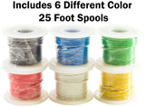 Solid 22 Gauge Hook Up Wire Kit - Includes 6 Different Color 25 Foot Spools, Tinned Copper, PVC Insulated