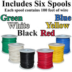 Stranded 22 Gauge Hook Up Wire Kit - Includes 6 Different Color 100 Foot Spools, Tinned Copper, PVC Insulated