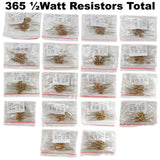 ½ Watt Resistor and Capacitor Combo Kit - Includes an Assortment of 365 Resistors and 220 Capacitors in Slotted Storage Boxes