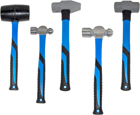 5 Piece Heavy Duty Hammer Set - Includes 32oz Rubber Mallet, 3lb Sledge Hammer, 3lb Cross Pein Hammer, 32oz and 16oz Ball Pein Hammers